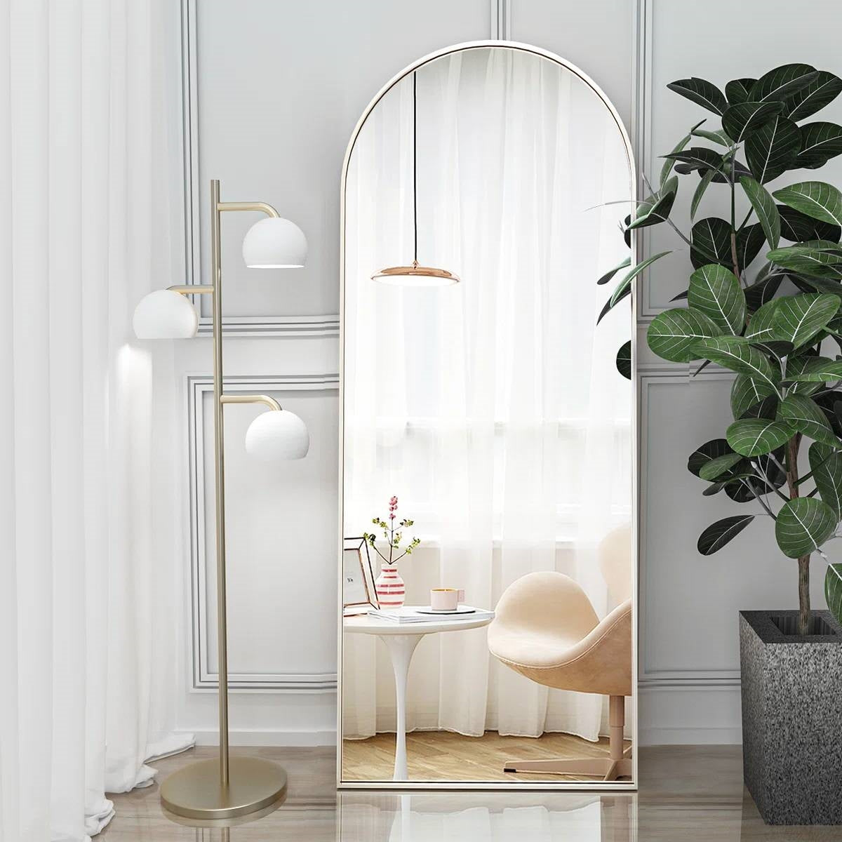 Silver 64-inch Arched Floor Mirror with Stand and Wall Hanging Screws
