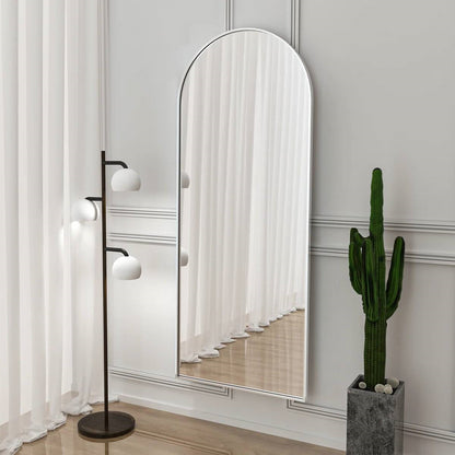 Silver 64-inch Arched Floor Mirror with Stand and Wall Hanging Screws