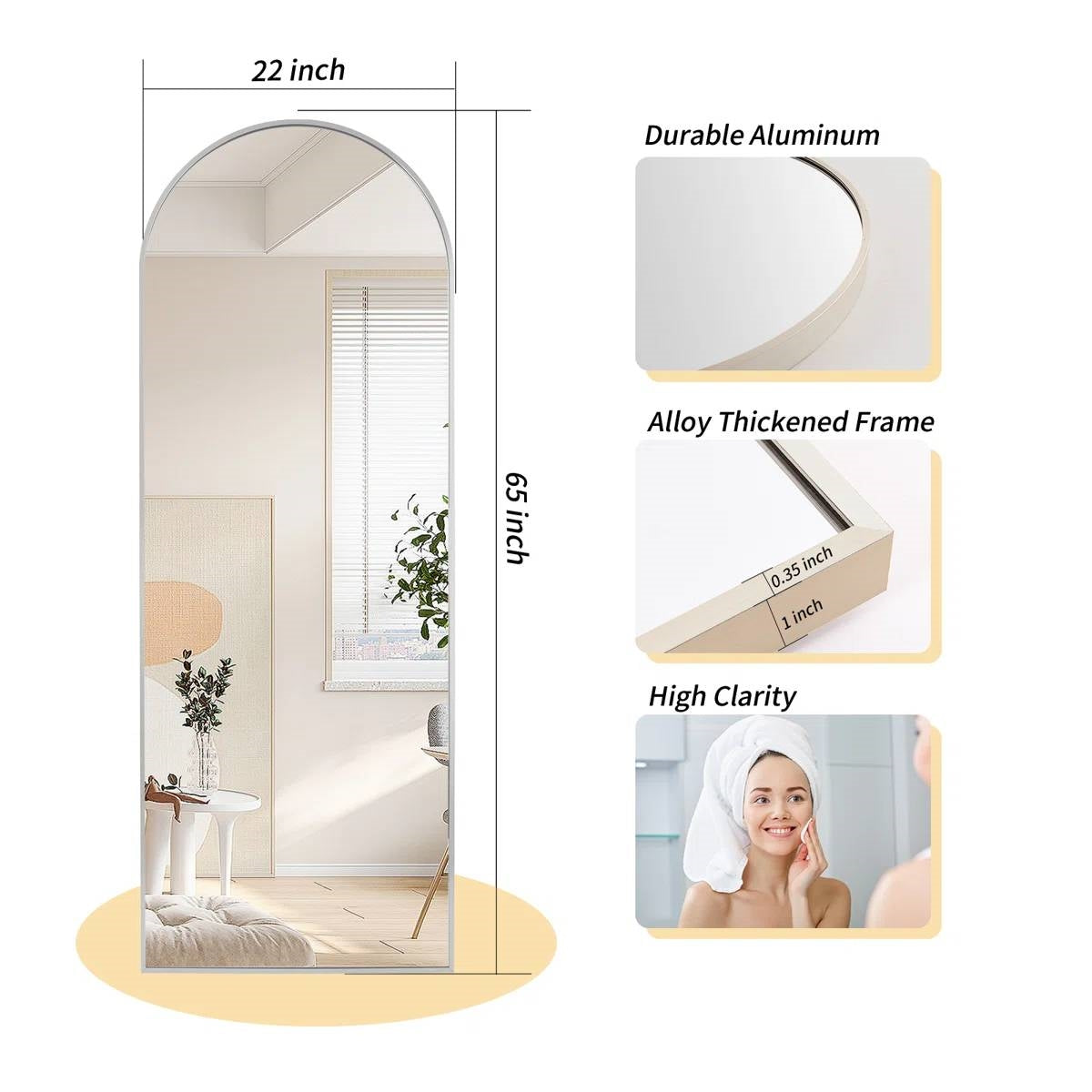Silver 64-inch Arched Floor Mirror with Stand and Wall Hanging Screws