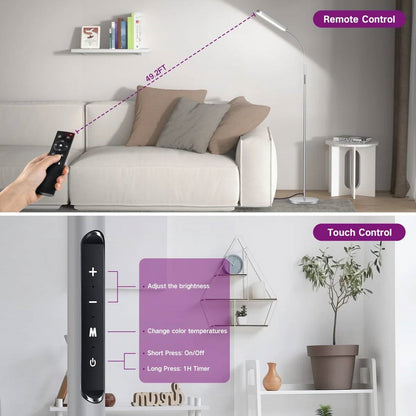 Silver 68-inch LED Dimmable Gooseneck Floor Lamp Reading Light with Remote