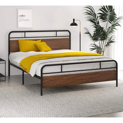 Full Size Industrial Metal Wood Platform Bed Frame with Headboard and Footboard