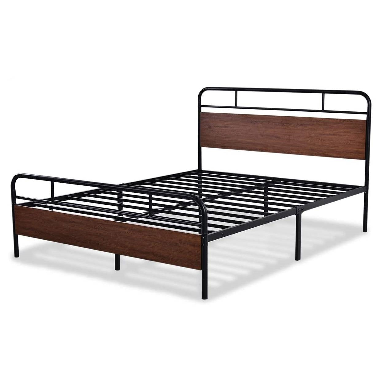 Queen Size Industrial Metal Wood Platform Bed Frame with Headboard and Footboard — Chic Home-Decor