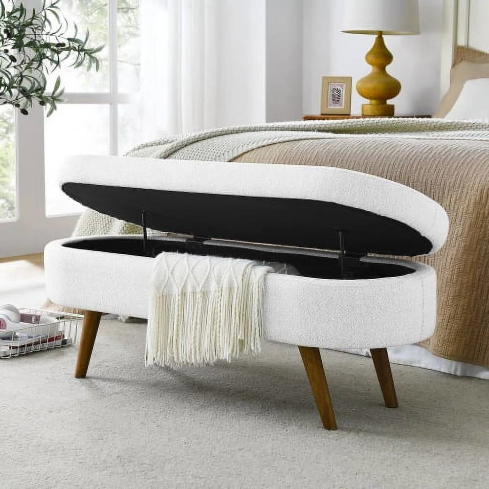 Mid-Century Modern Boho Style White Linen End of Bed Storage Bench — Chic Home-Decor