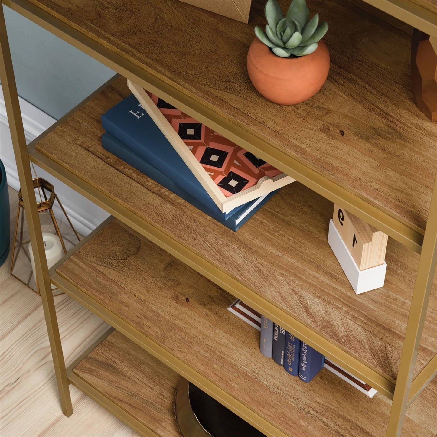 Elegant Gold Metal Display Rack Etagere Bookcase with 5 Wooden Storage Shelves