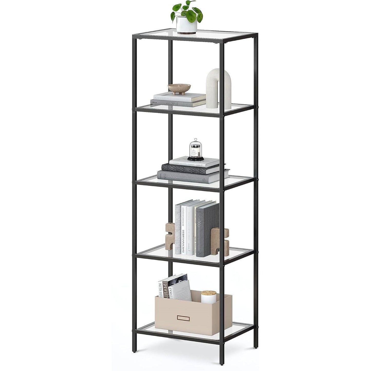 Black Metal Frame Glass Shelf Bookcase 4-Shelves Shelving Unit — Chic Home-Decor