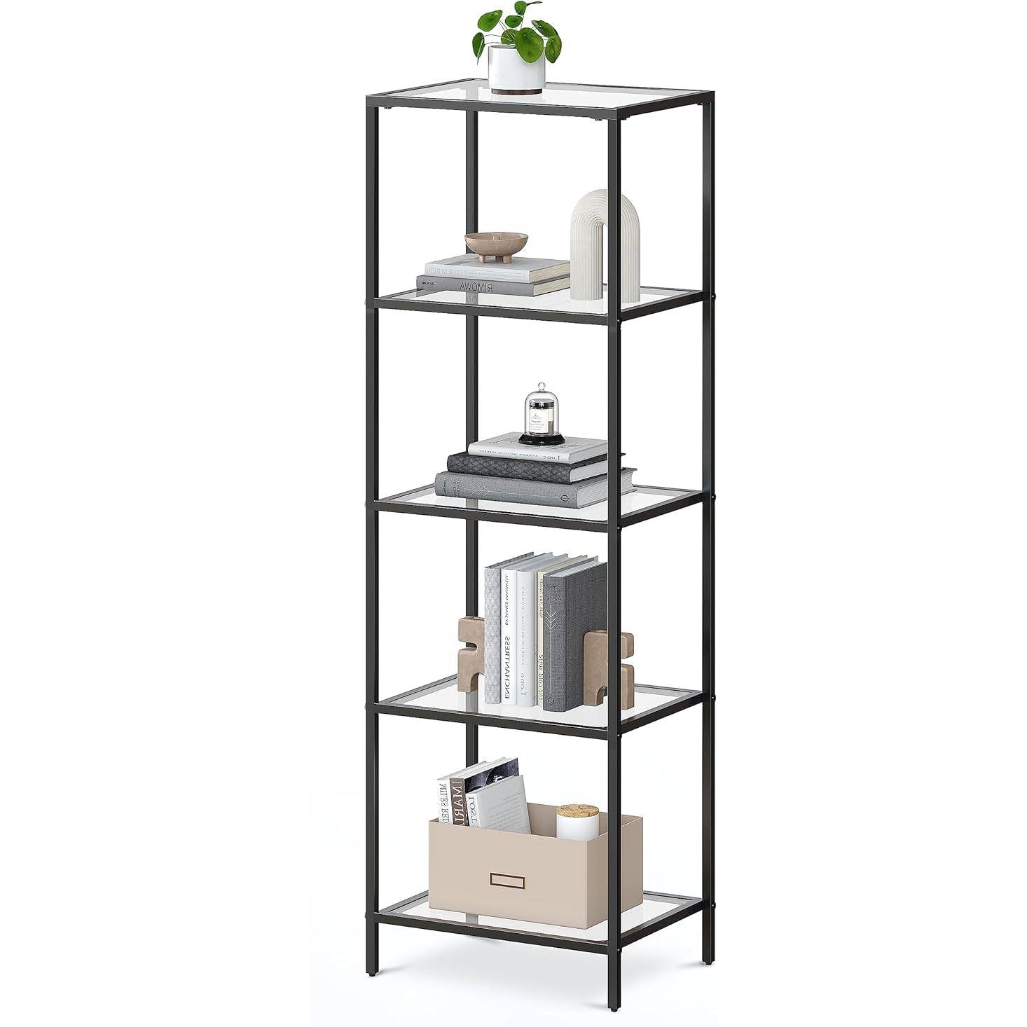 Black Metal Frame Glass Shelf Bookcase 4-Shelves Shelving Unit — Chic Home-Decor