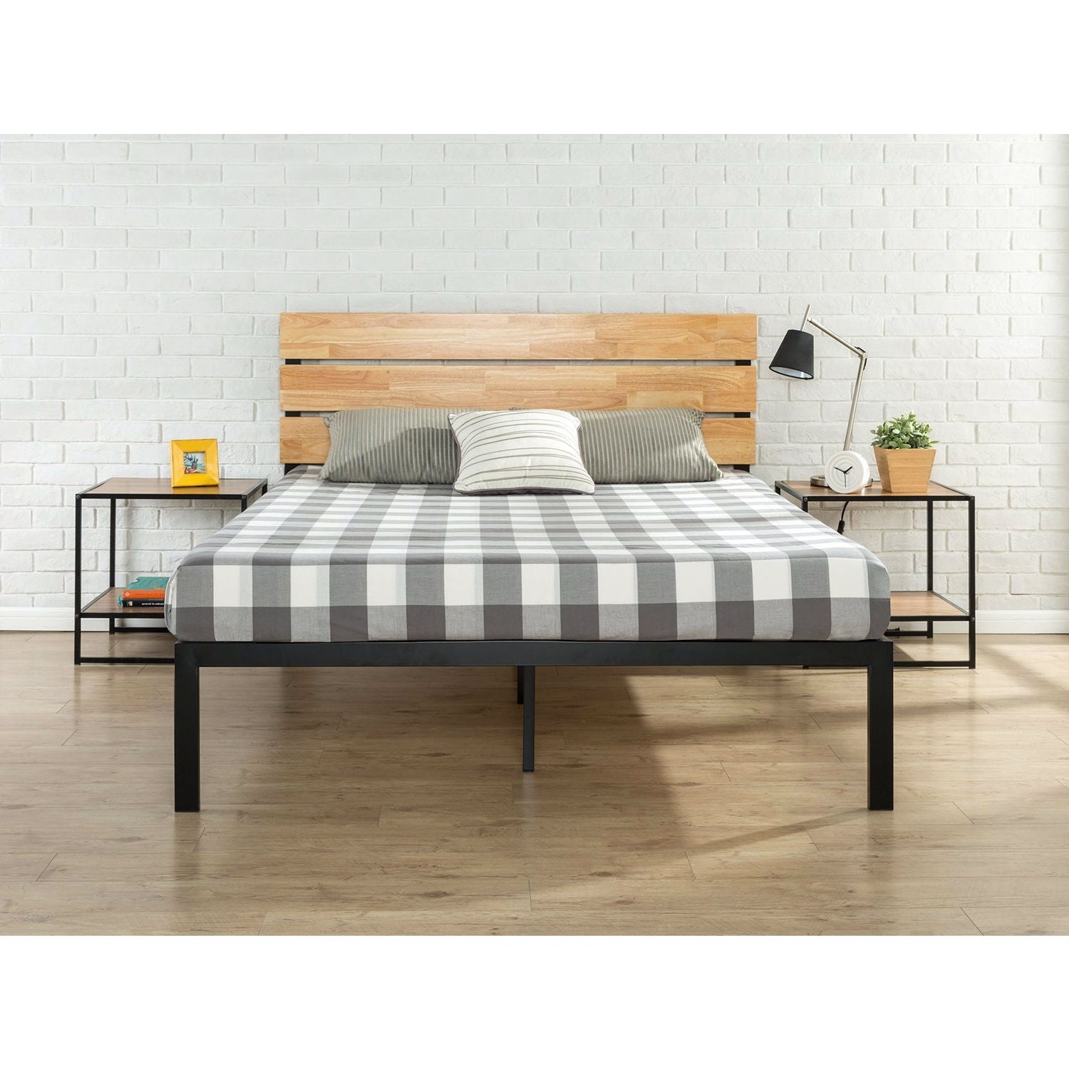 King size modern metal platform bed frame with wood headboard and slats; black metal frame, light wood headboard.