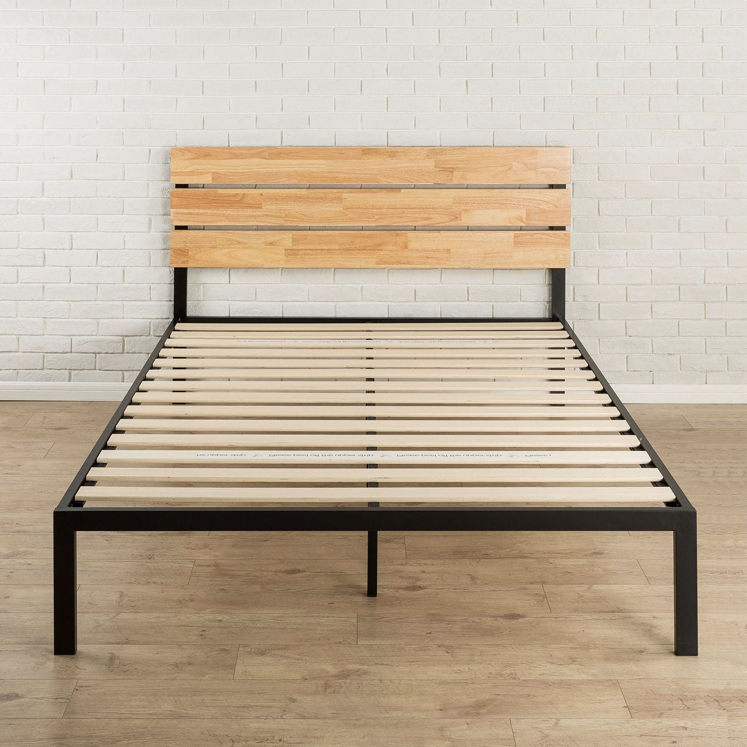 King size modern black metal platform bed frame with natural wood headboard and slats