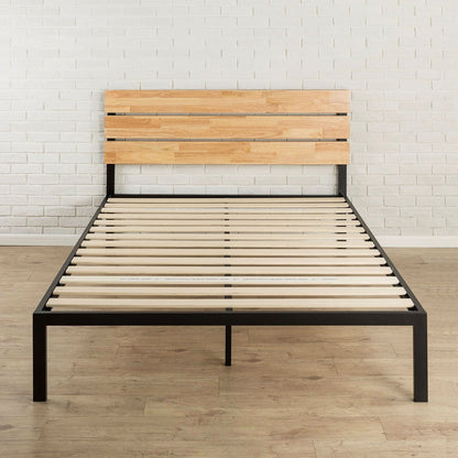 King size modern black metal platform bed frame with natural wood headboard and slats