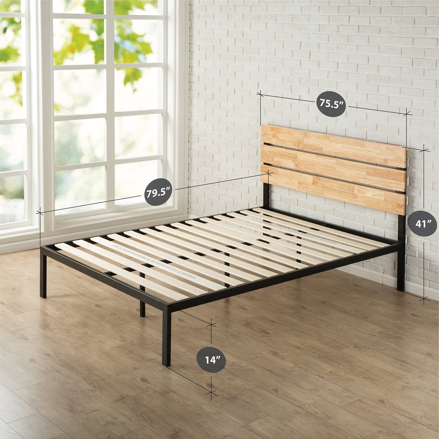King size modern metal platform bed frame with natural wood headboard and slats, black metal frame