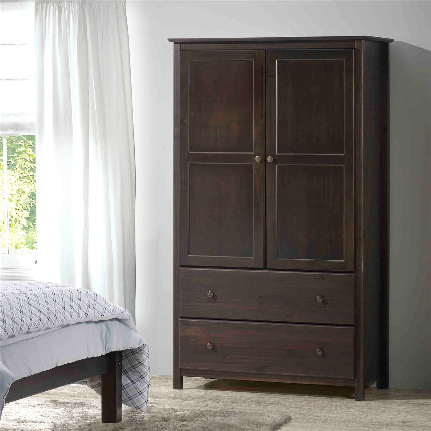 Brown Espresso Solid Wood Bedroom Armoire Wardrobe Cabinet with Hanging Bar — Chic Home-Decor