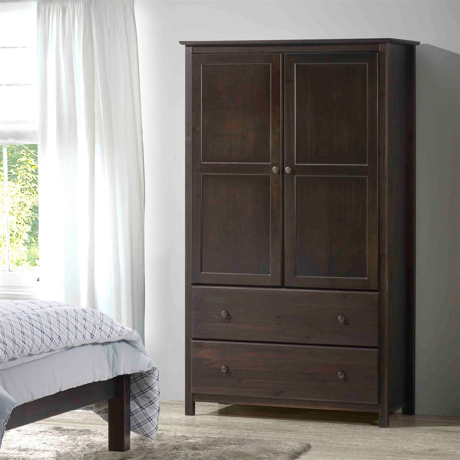 Brown Espresso Solid Wood Bedroom Armoire Wardrobe Cabinet with Hanging Bar — Chic Home-Decor