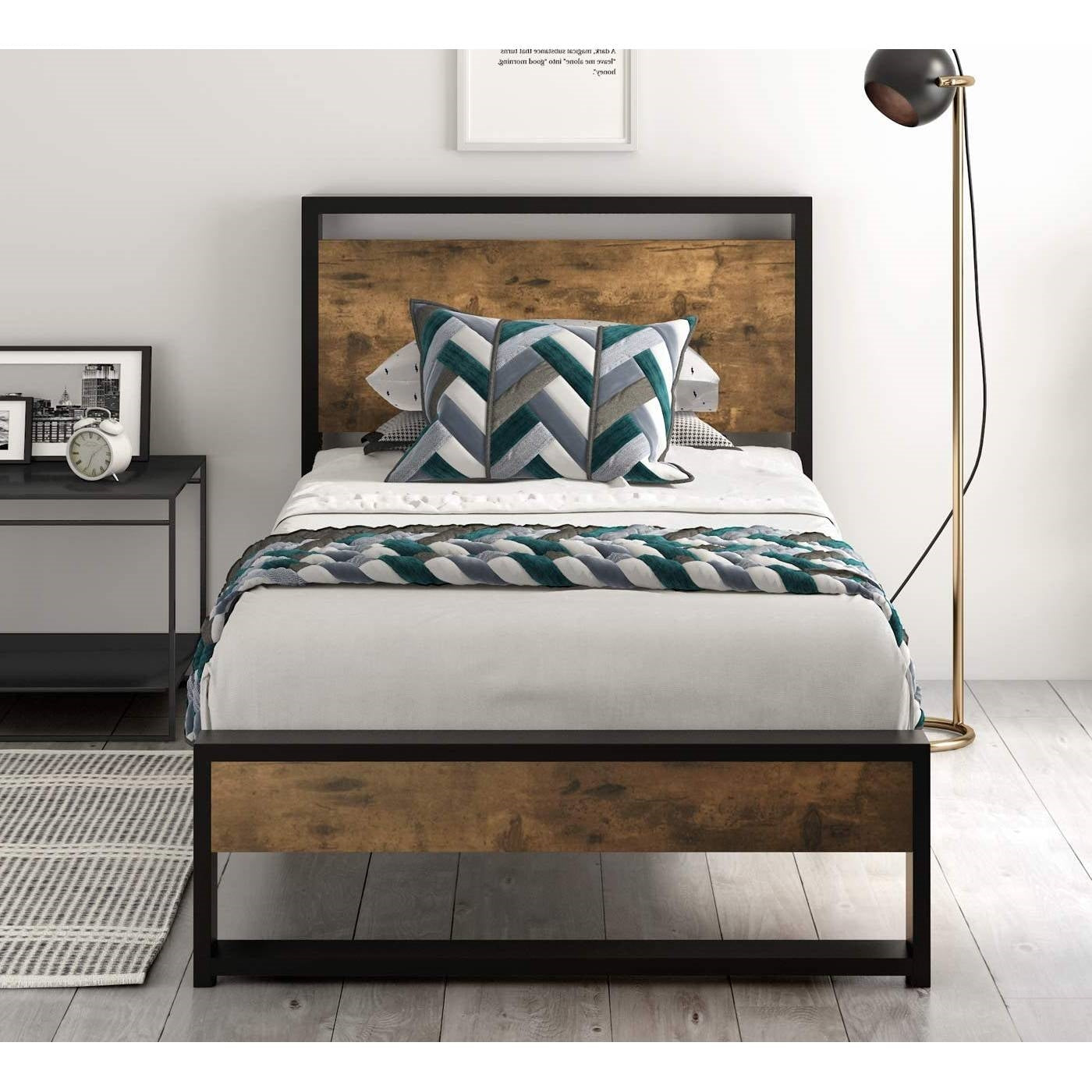 Twin size Metal Wood Platform Bed Frame with Industrial Headboard — Chic Home-Decor