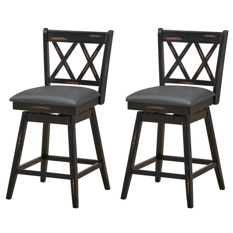 Set of 2 Wood 24-in Counter Height Farmhouse Swivel Cushion Seat Barstools