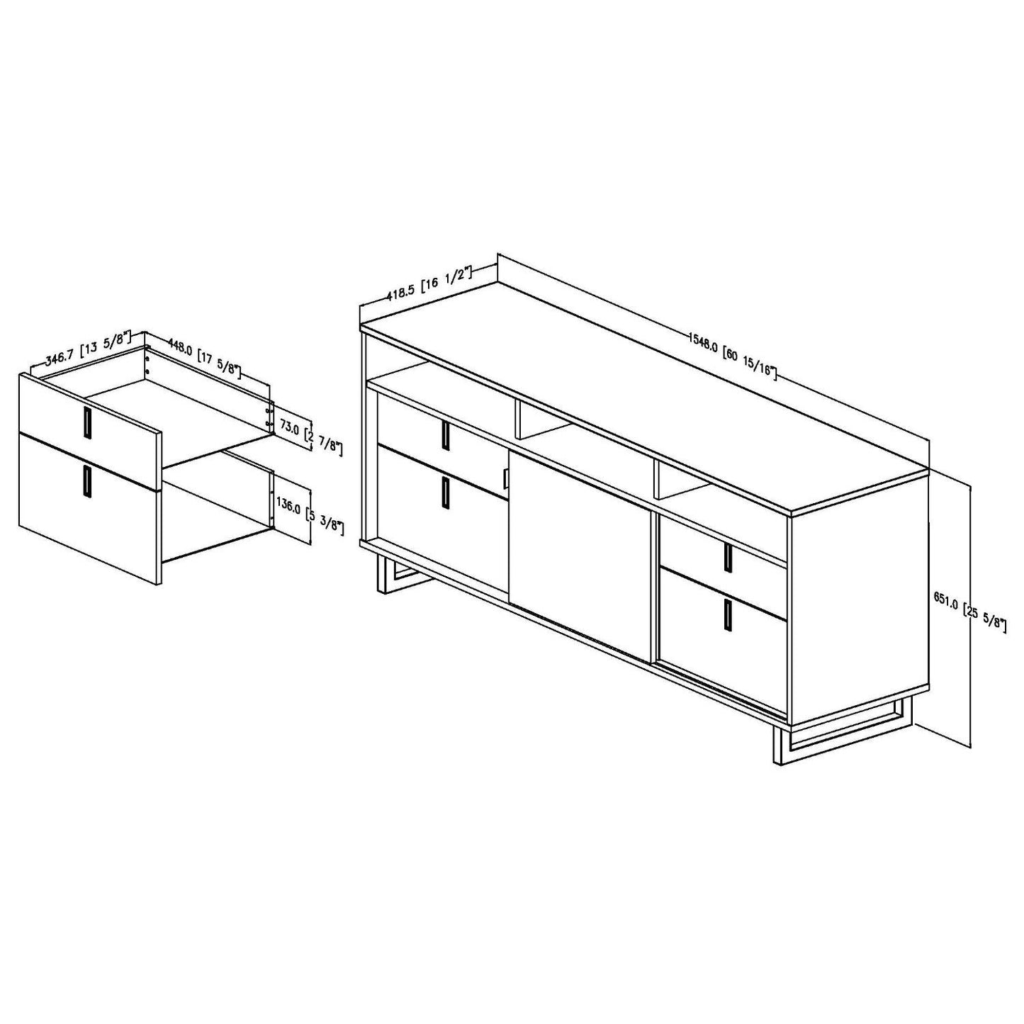 Contemporary TV Stand in Black Finish and Satin Nickel Metal Legs