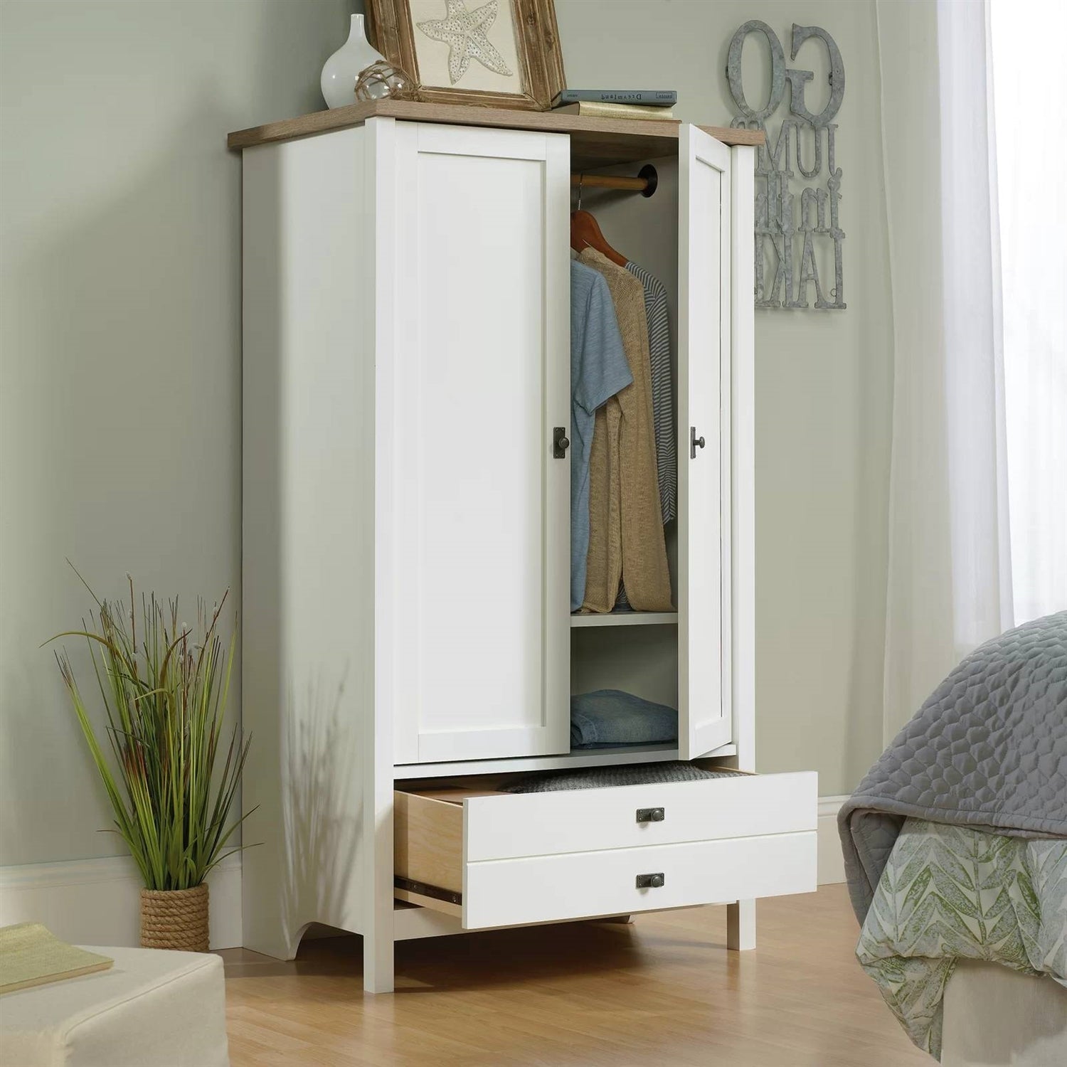 Farmhouse Bedroom Armoire Cabinet w/ Bottom Storage Drawer in White Wood Finish — Chic Home-Decor