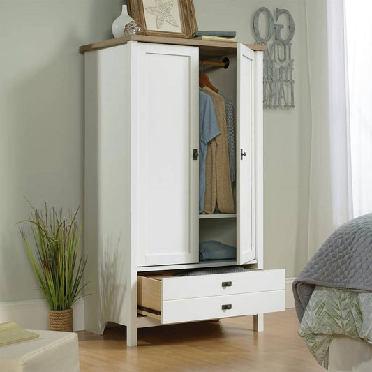 Farmhouse Bedroom Armoire Cabinet w/ Bottom Storage Drawer in White Wood Finish — Chic Home-Decor