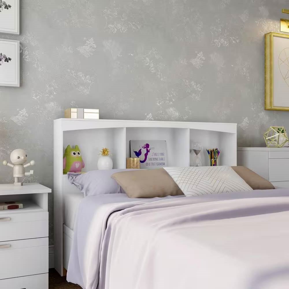 Full size Modern Farmhouse Bookcase Headboard in White Wood Finish — Chic Home-Decor