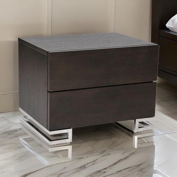 Sam 20 Inch Nightstand, 2 Drawers, Espresso Brown, High Polished Metal Legs