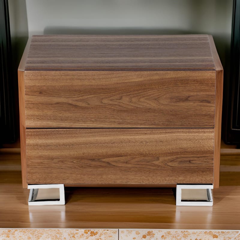 Sam 20 Inch Nightstand, 2 Drawers, Walnut Brown, High Polished Metal Legs