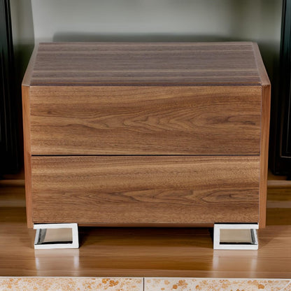 Sam 20 Inch Nightstand, 2 Drawers, Walnut Brown, High Polished Metal Legs