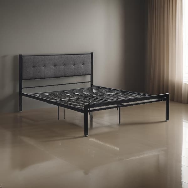 Sam Queen Platform Bed, Polyester Upholstered Tufted Headboard, Black Metal
