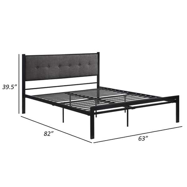 Sam Queen Platform Bed, Polyester Upholstered Tufted Headboard, Black Metal