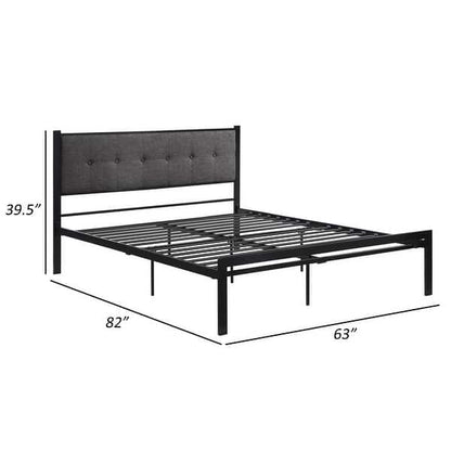 Sam Queen Platform Bed, Polyester Upholstered Tufted Headboard, Black Metal