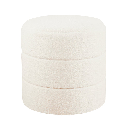 Sem Round Accent Ottoman, Cream White Chanel Stitched Boucle 18 Inch