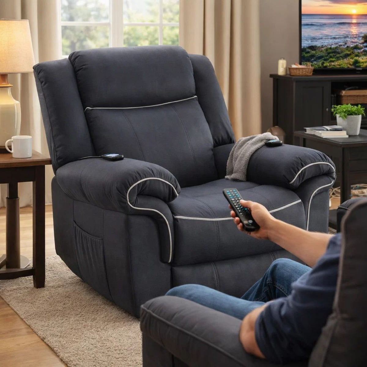 Seru Power Motion Lift and Recliner Chair, Heated Massage, Dark Gray