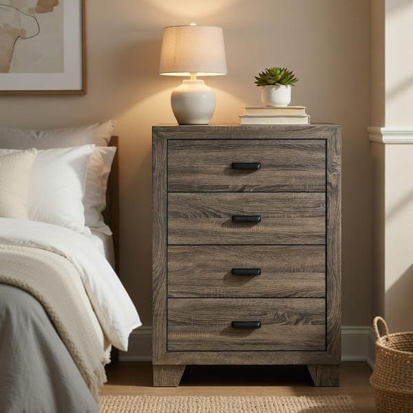 Shannon 45 Inch Tall Dresser Chest, Wood, Metal Handles, 4 Drawers, Brown