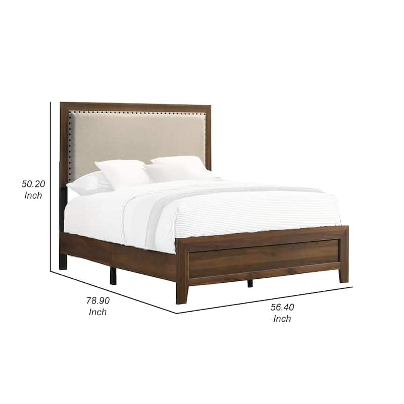 Shannon King Bed with Nailhead Trim, Ivory Fabric on, Cherry Brown Wood
