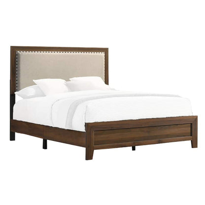 Shannon Queen Bed with Nailhead Trim, Ivory Fabric on Cherry Brown Wood