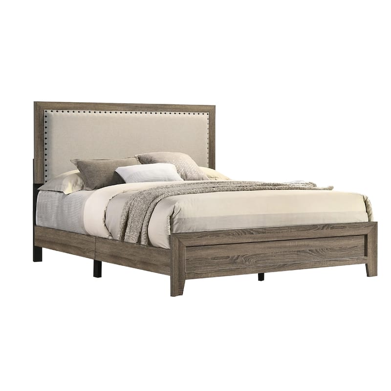 Shannon Queen Panel Bed with Nailhead Trim, Ivory Fabric, Gray Wood