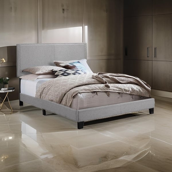 Shirin Full Size Bed, Wood, Nailhead Trim, Upholstered Headboard, Gray