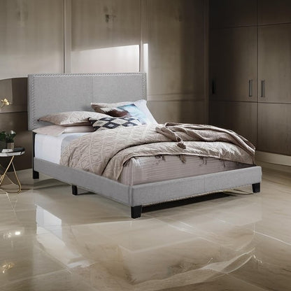 Shirin Full Size Bed, Wood, Nailhead Trim, Upholstered Headboard, Gray