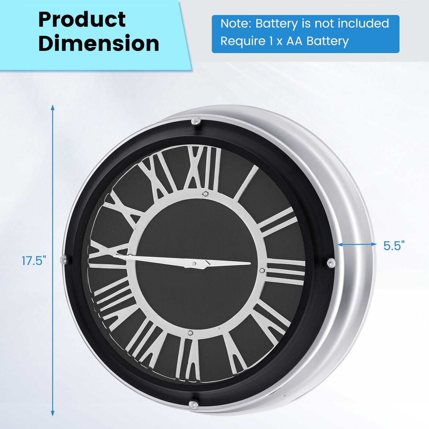 Silent Wall Clock with Silver Frame, 13.5" & 17.5" Sizes