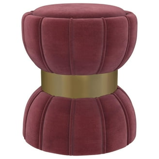 Soraya Ottoman, Tufted Red Wine Fabric, Round 17 Inch, Gold Metal Band