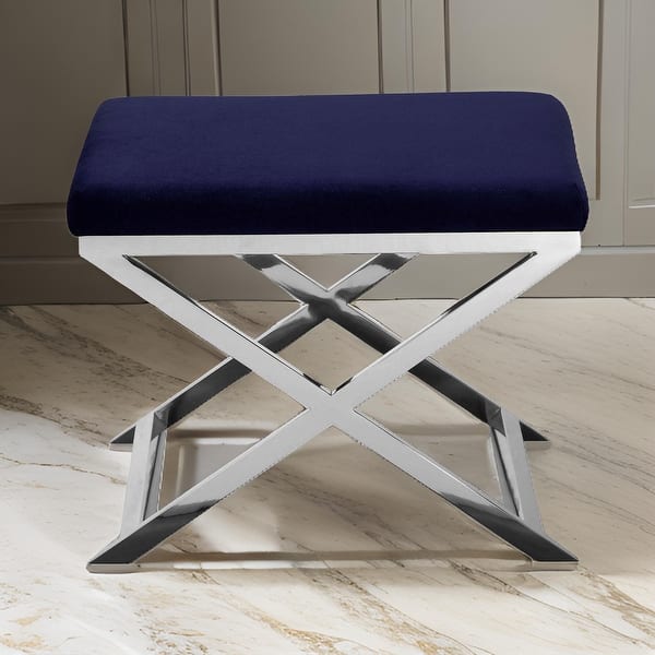 Sovi 20 Inch Accent Stool Ottoman, X Shape Steel Legs, Navy Blue Velvet