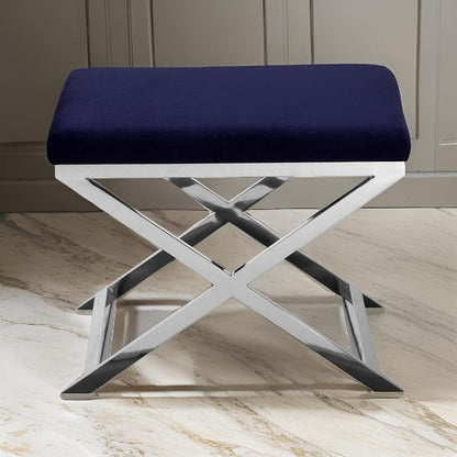 Sovi 20 Inch Accent Stool Ottoman, X Shape Steel Legs, Navy Blue Velvet