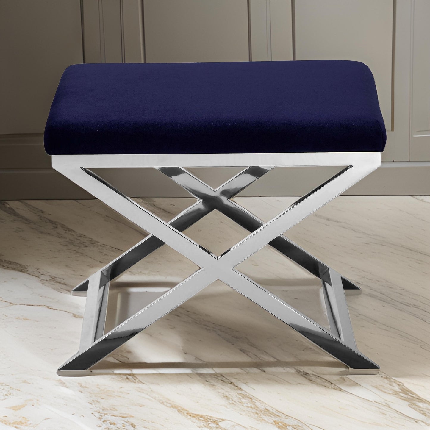 Sovi 20 Inch Accent Stool Ottoman, X Shape Steel Legs, Navy Blue Velvet