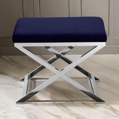 Sovi 20 Inch Accent Stool Ottoman, X Shape Steel Legs, Navy Blue Velvet