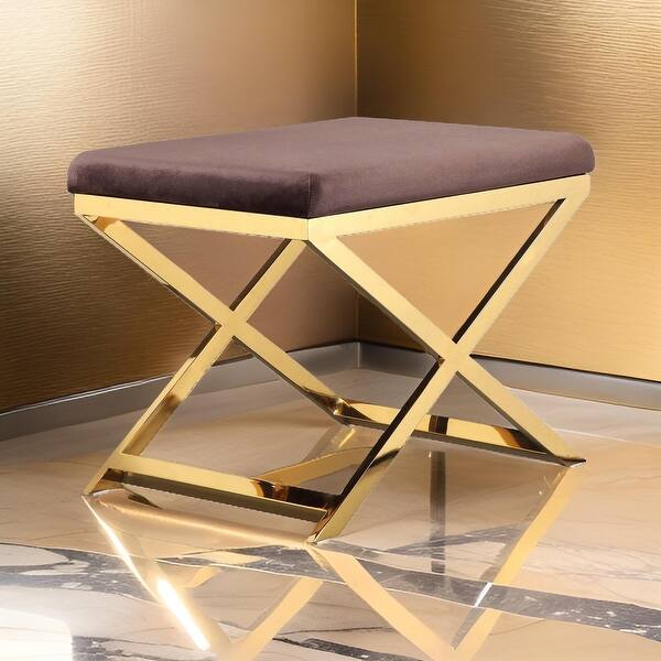 Sovi 20 Inch Ottoman Stool, Chocolate Brown Velvet, Stainless Steel, Gold