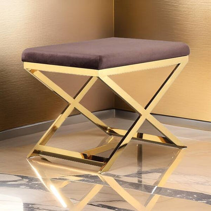 Sovi 20 Inch Ottoman Stool, Chocolate Brown Velvet, Stainless Steel, Gold