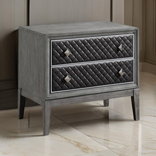 Stacy 29 Inch Nightstand, 2 Faux Leather Upholstered Drawers, Gray Wood