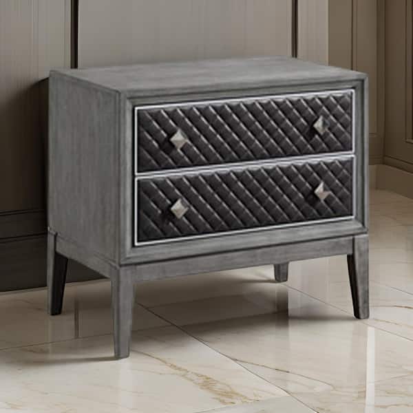 Stacy 29 Inch Nightstand, 2 Faux Leather Upholstered Drawers, Gray Wood