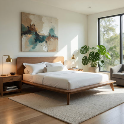 Stacy King Size Bed w Panel Headboard, Angled Legs, Walnut Brown Wood
