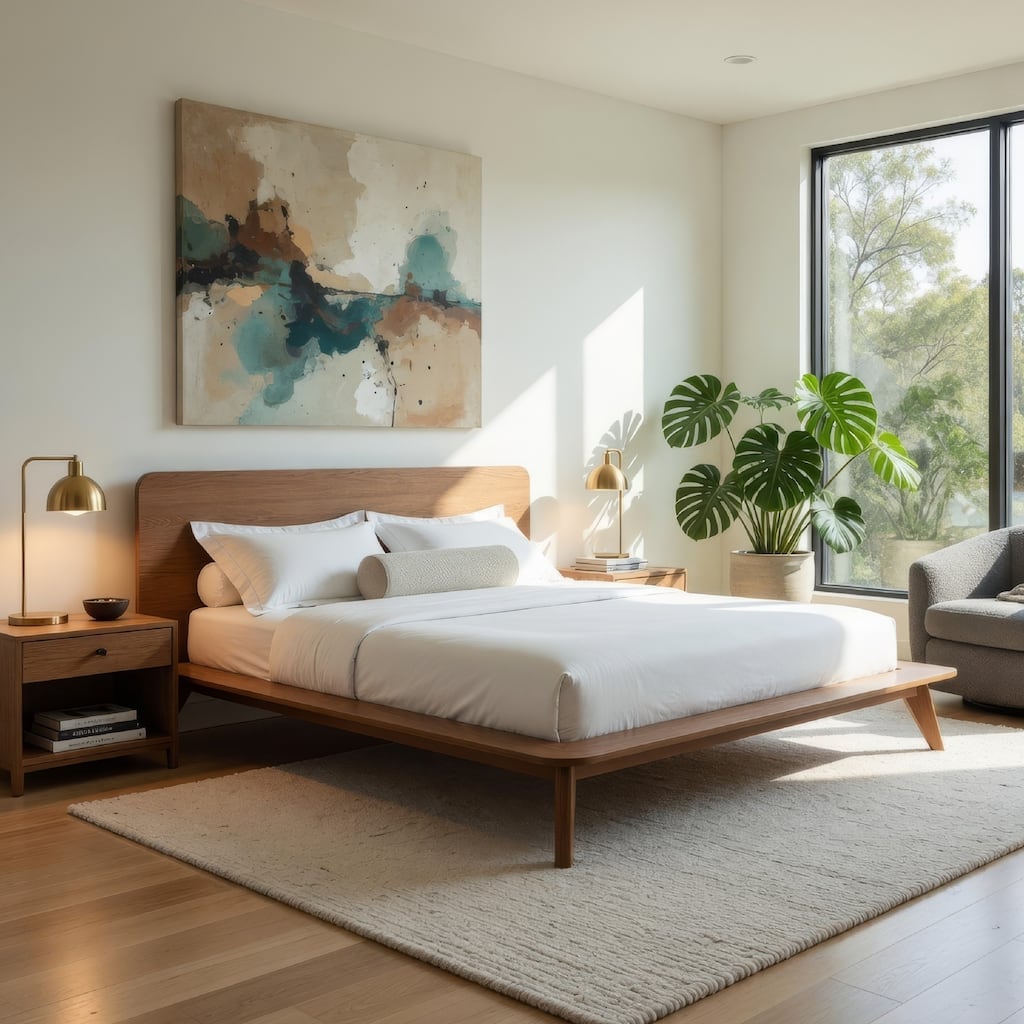 Stacy King Size Bed w Panel Headboard, Angled Legs, Walnut Brown Wood