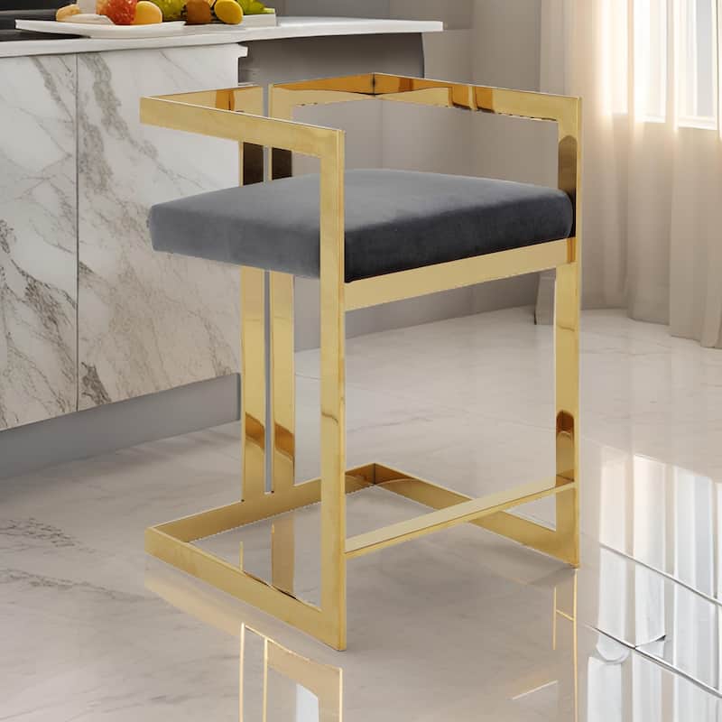 Suki 26 Inch Barstool Chair, Gray Velvet Seat, Stainless Steel, Gold Finish