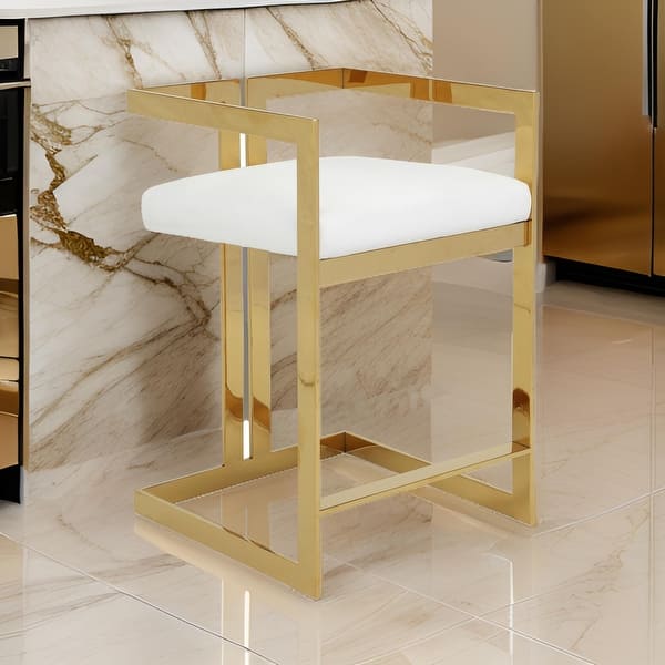 Suki 26 Inch Counter Height Chair, White Faux Leather, Gold Cantilever Base
